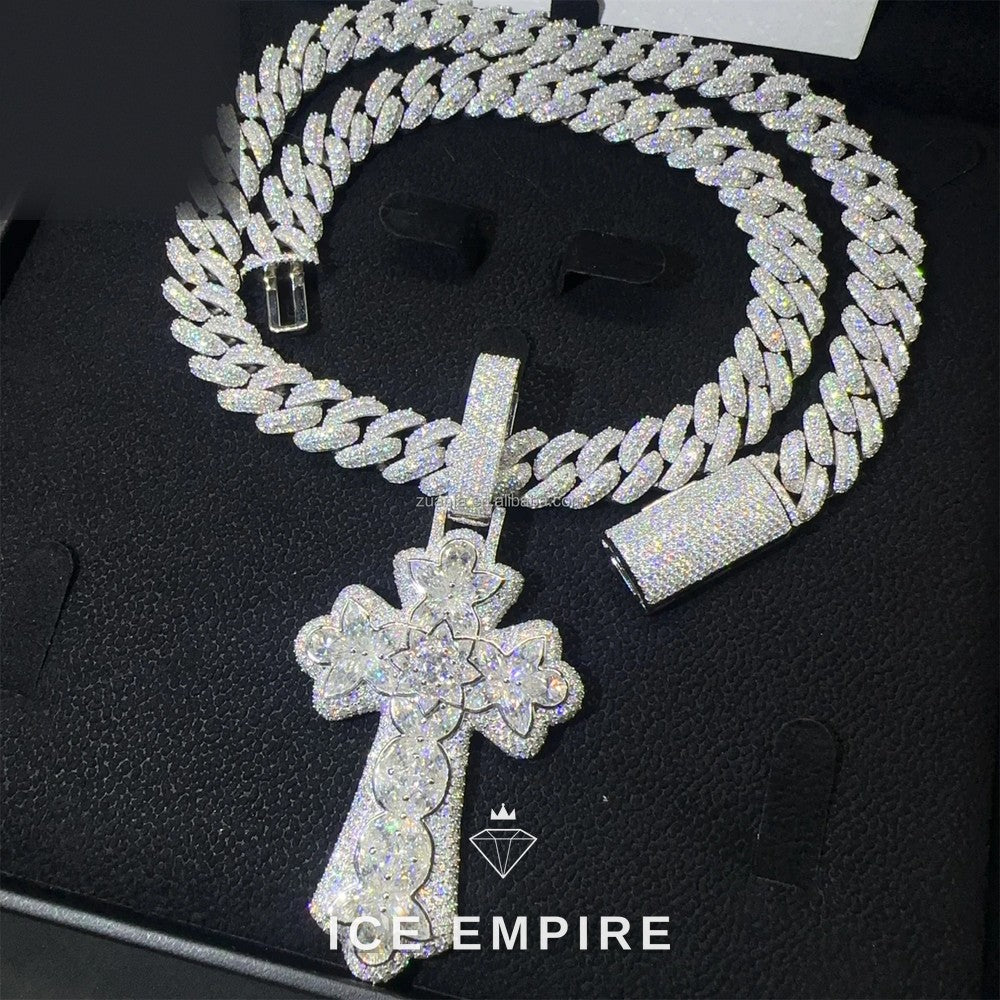 Iced Out Cross Gold Plated Moissanite Cuban Chain