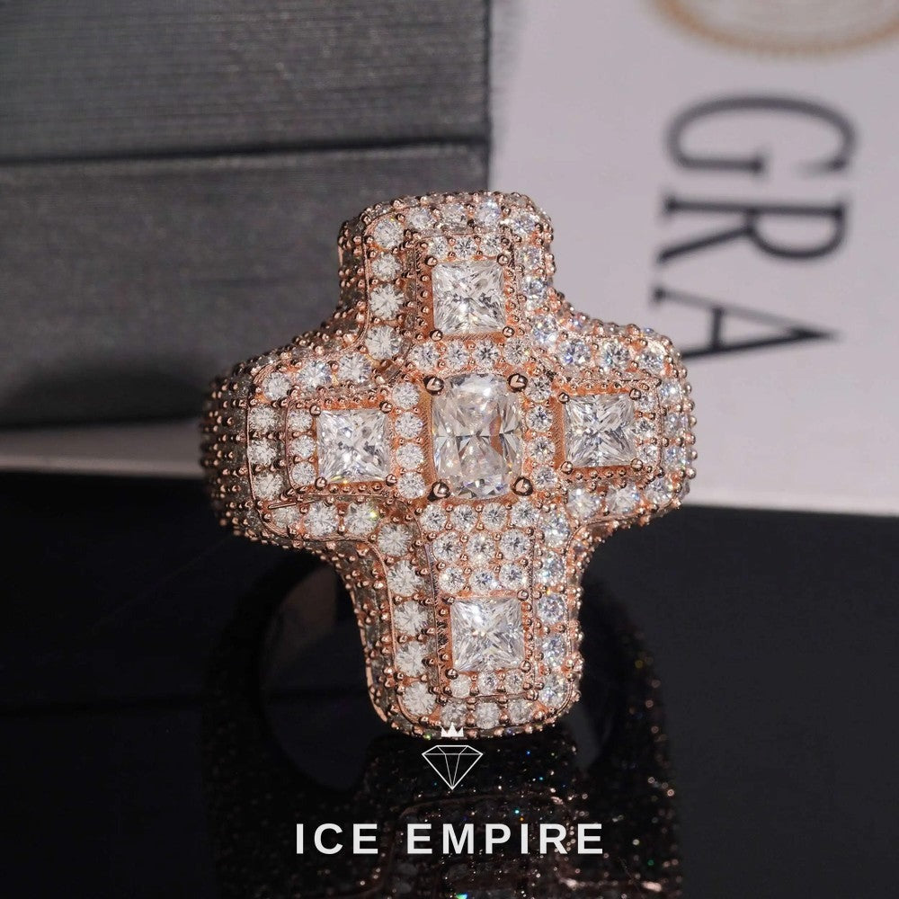 Iced Out Cross Gold Plated Moissanite Ring