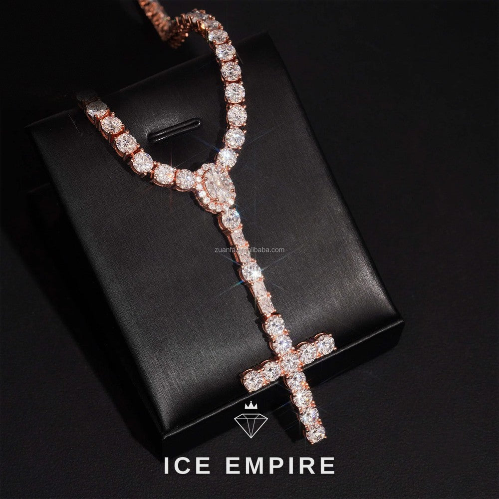 Iced Out Cross Rose Gold Plated Moissanite Cuban Chain
