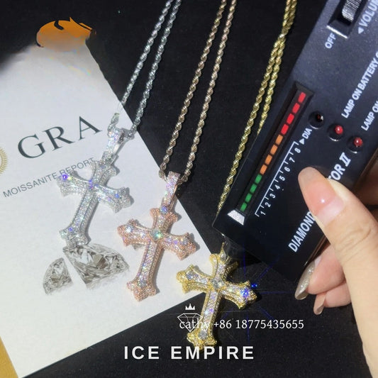 Iced Out Cross Rose Gold Plated Moissanite Rope Chain