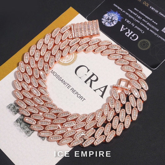 Iced Out Baguette Rose Gold Moissanite Cuban Chain