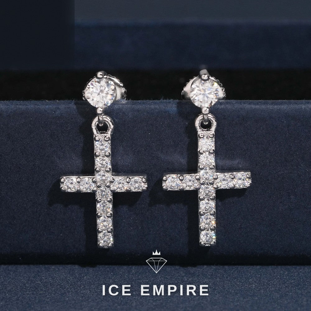 Iced Out Cross 18K Gold Moissanite Stud Earrings
