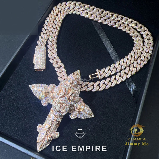 Iced Out Cross Rose Gold Moissanite Cuban Chain