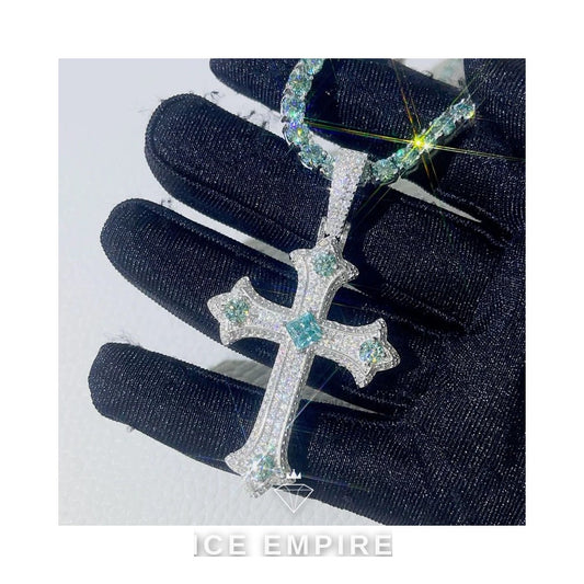 Iced Out Cross 925 Silver Moissanite Tennis Chain