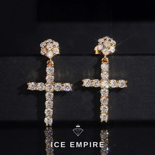 Iced Out Cross Gold Plated Moissanite Stud Earrings