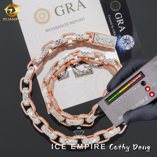 Iced Out Baguette Rose Gold Plated Moissanite Cuban Chain