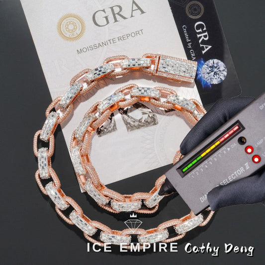 Iced Out Baguette Rose Gold Plated Moissanite Cuban Chain