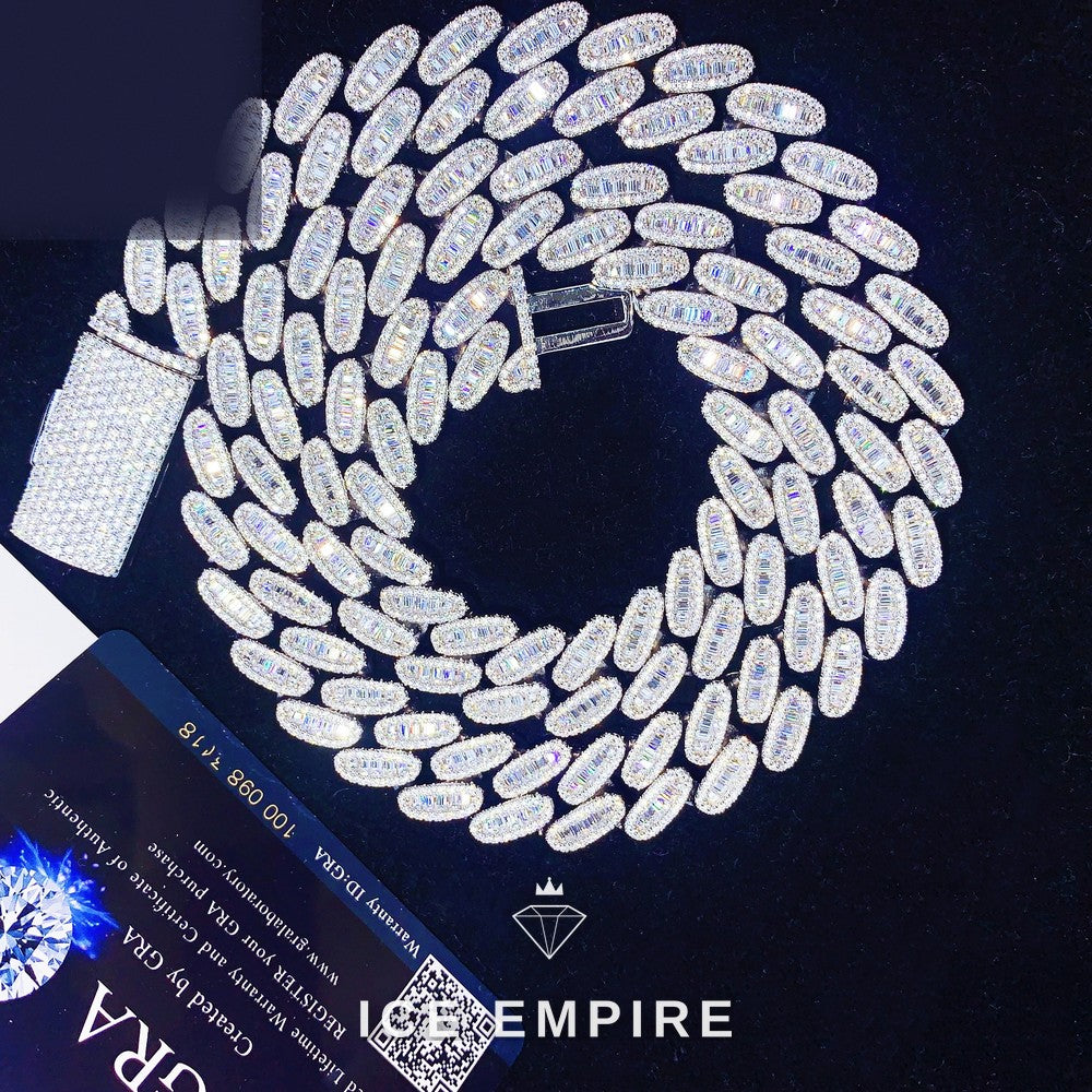 Iced Out Baguette 925 Silver Moissanite Cuban Chain