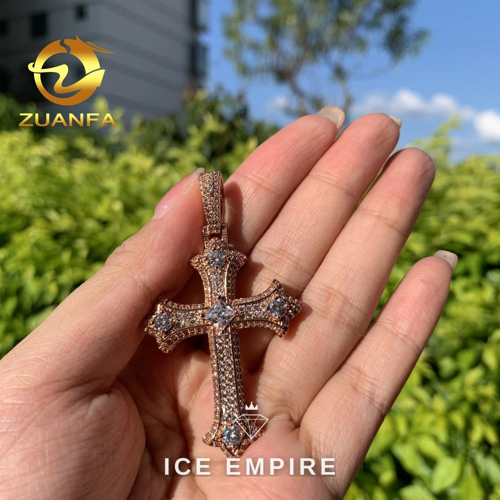 Iced Out Cross Rose Gold Plated Moissanite Pendant