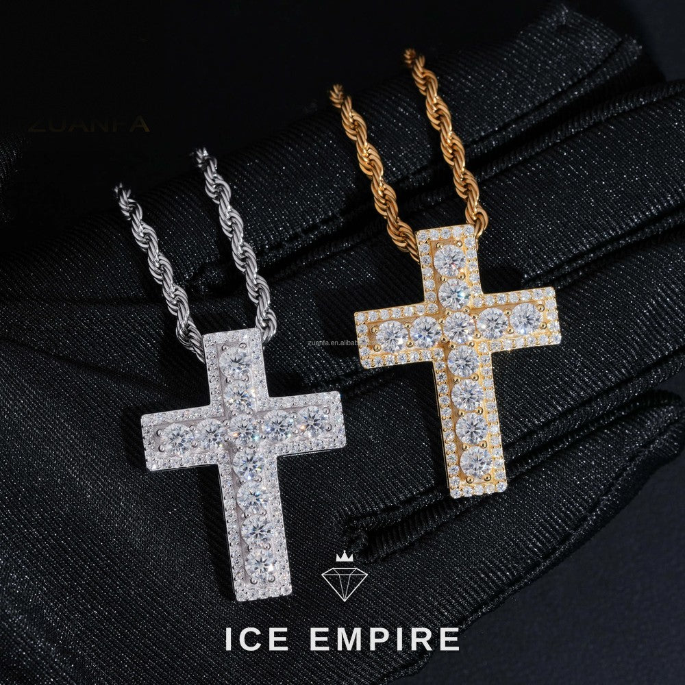 Iced Out Cross 14K Gold Moissanite Pendant