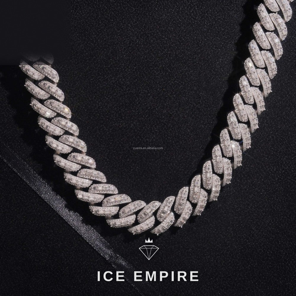 Iced Out Baguette 925 Silver Moissanite Cuban Chain