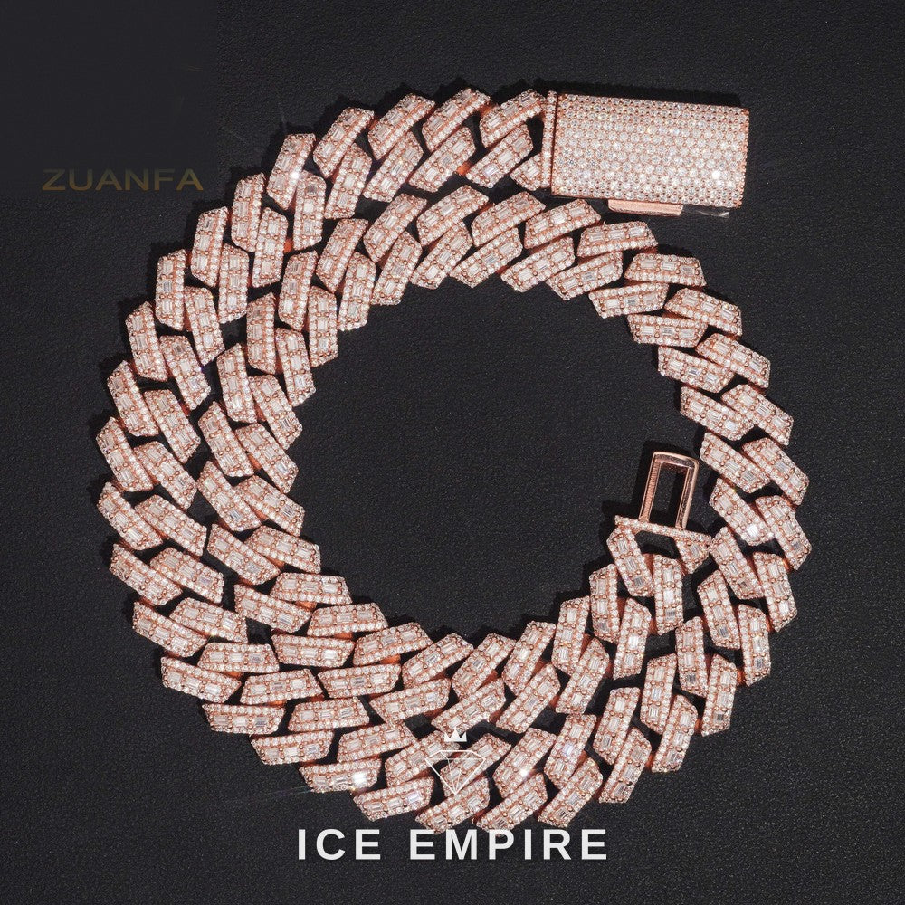 Iced Out Baguette Rose Gold Plated Moissanite Cuban Chain