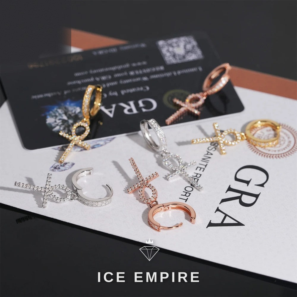 Iced Out Cross Rose Gold Plated Moissanite Hoop Earrings