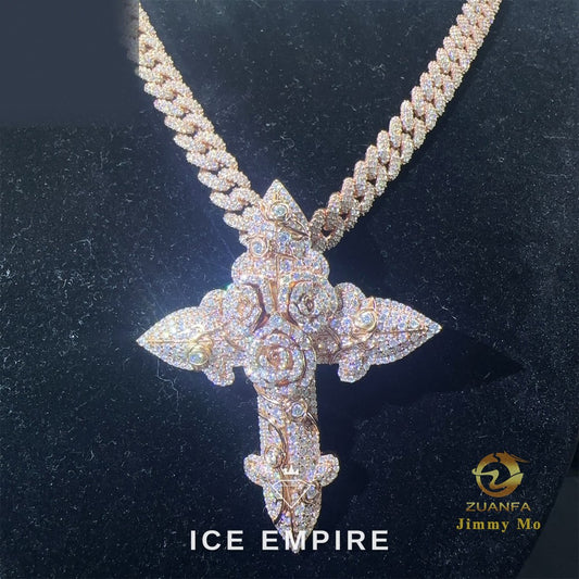 Iced Out Cross Rose Gold Moissanite Cuban Chain
