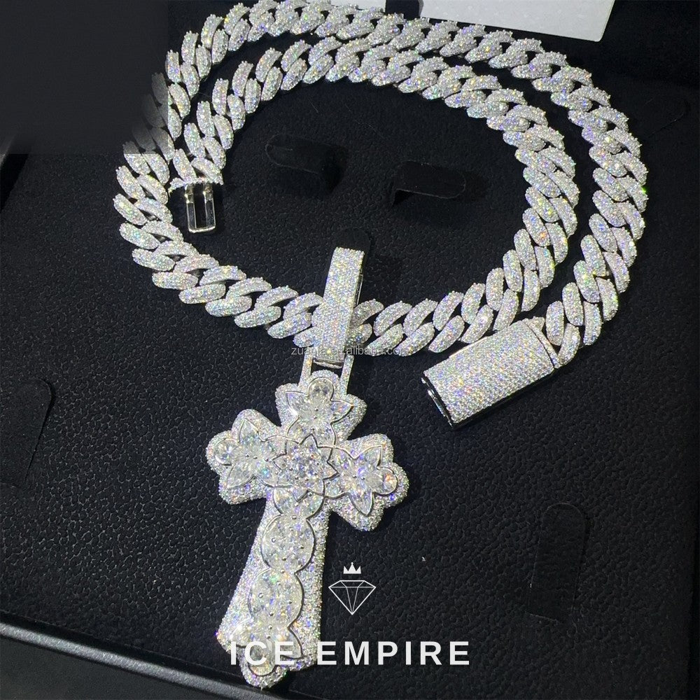 Iced Out Cross Gold Plated Moissanite Cuban Chain