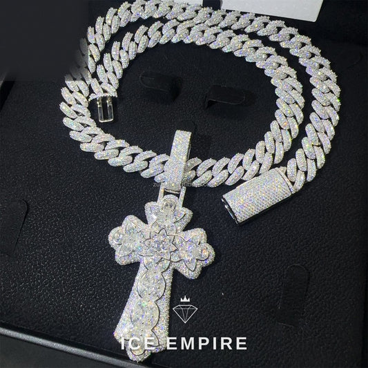 Iced Out Cross Gold Plated Moissanite Cuban Chain