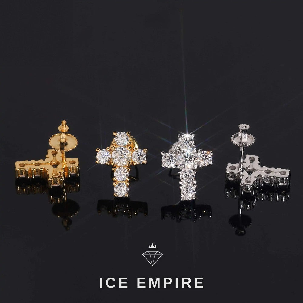 Iced Out Cross 925 Silver Moissanite Stud Earrings