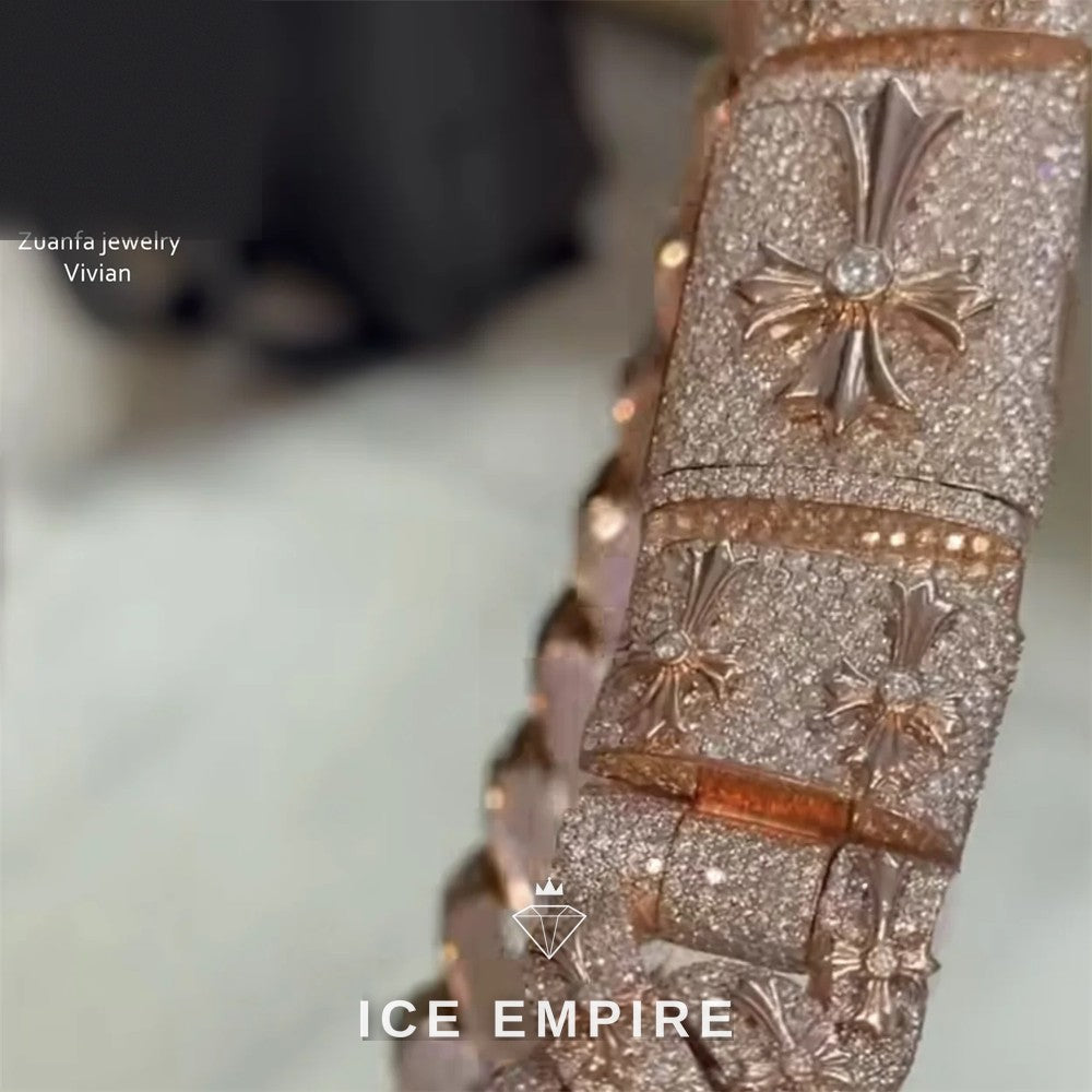 Iced Out Cross Rose Gold Plated Moissanite Cuban Chain