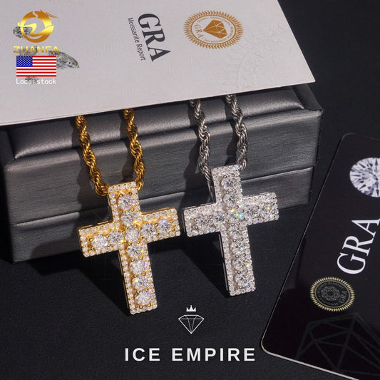 Iced Out Cross 14K Gold Moissanite Pendant
