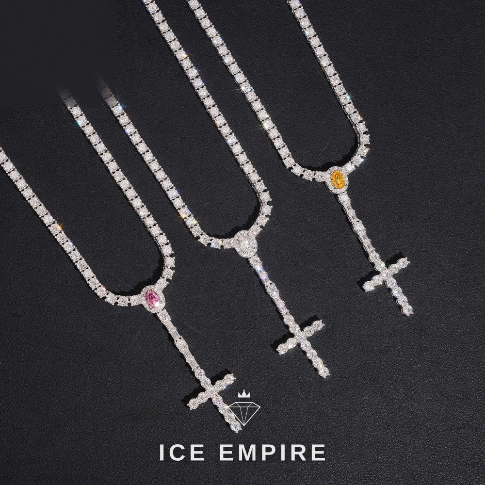 Iced Out Cross 925 Silver Moissanite Tennis Chain