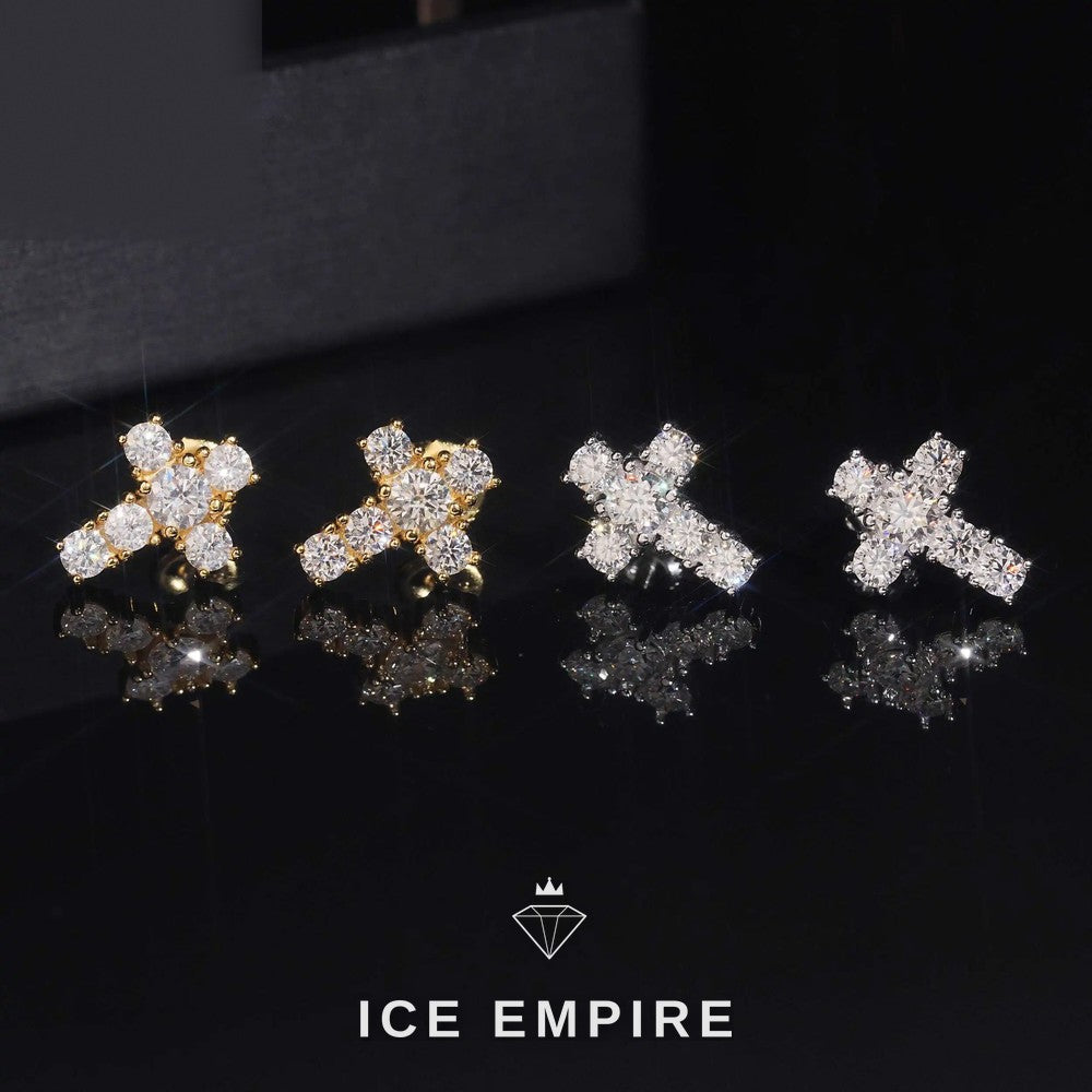 Iced Out Cross 925 Silver Moissanite Stud Earrings