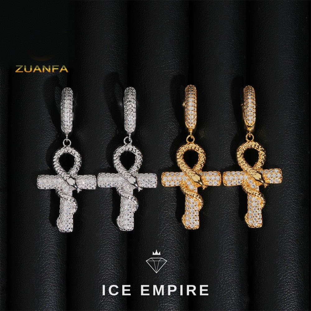 Iced Out Cross Gold Plated Moissanite Hoop Earrings