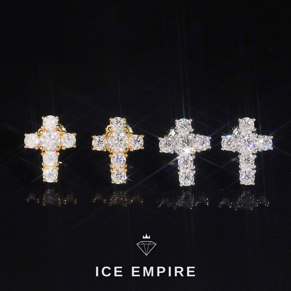 Iced Out Cross 925 Silver Moissanite Stud Earrings