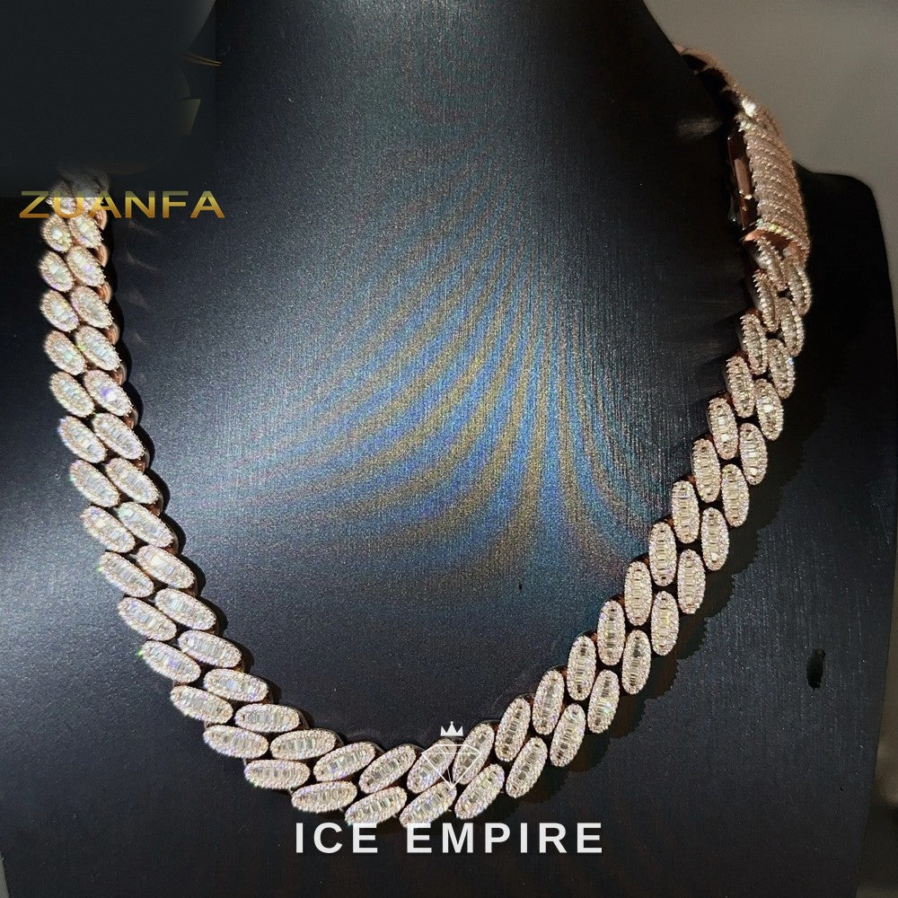 Iced Out Baguette Rose Gold Plated Moissanite Cuban Chain