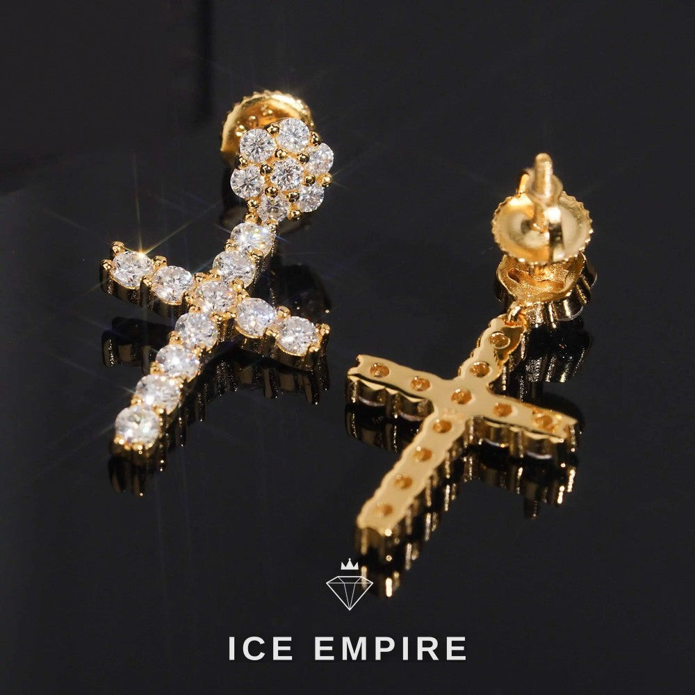 Iced Out Cross Gold Plated Moissanite Stud Earrings
