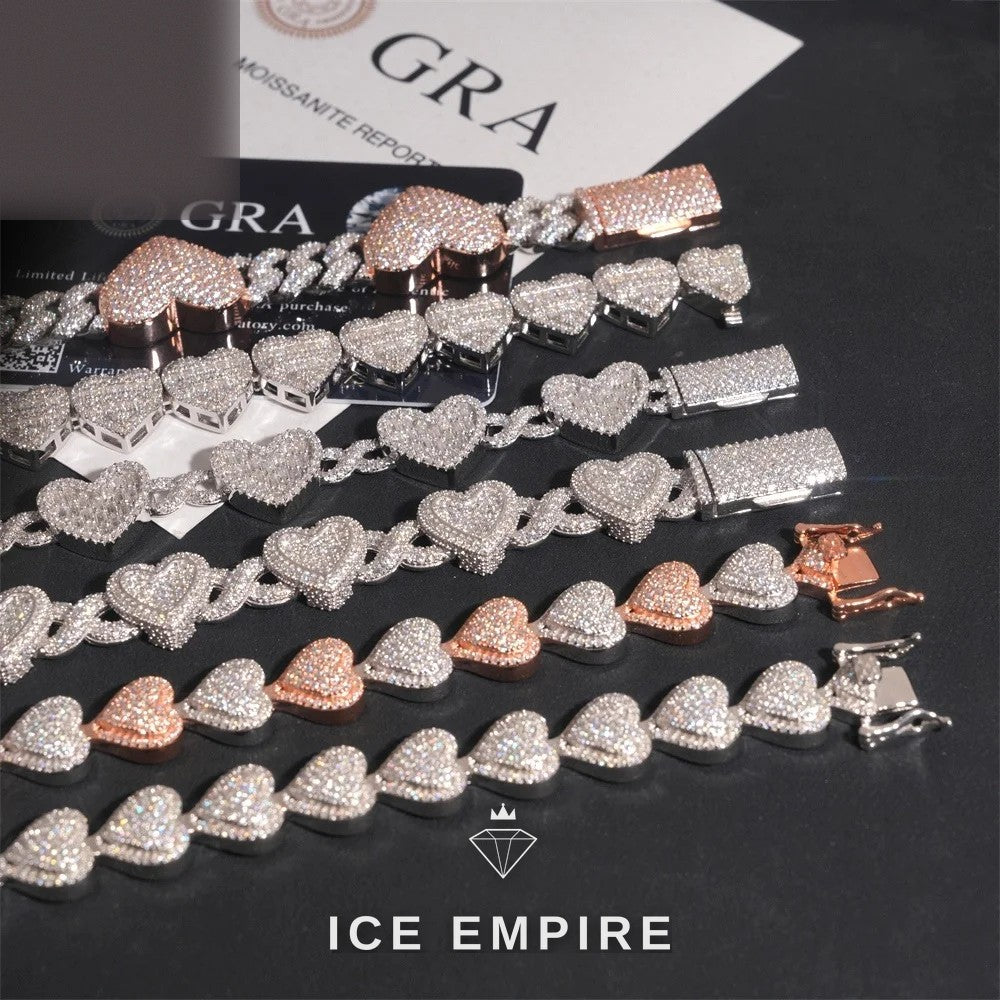Iced Out Heart 925 Silver Moissanite Cuban Chain