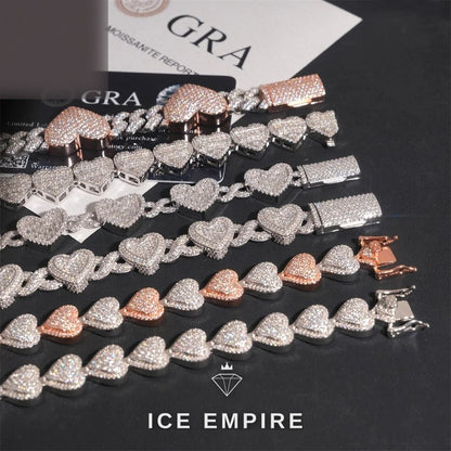 Iced Out Heart 925 Silver Moissanite Cuban Chain