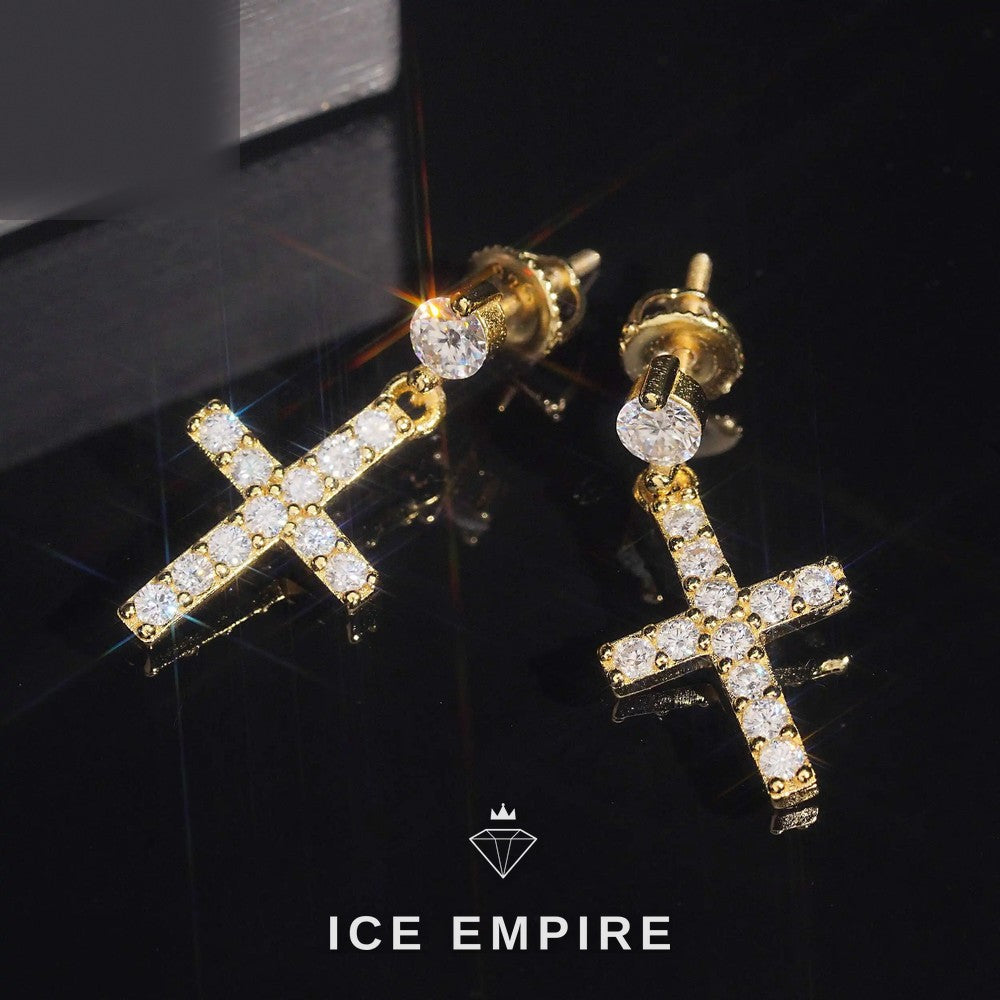 Iced Out Cross 18K Gold Moissanite Stud Earrings