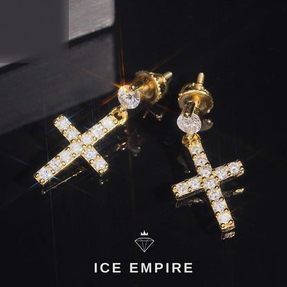 Iced Out Cross 18K Gold Moissanite Stud Earrings