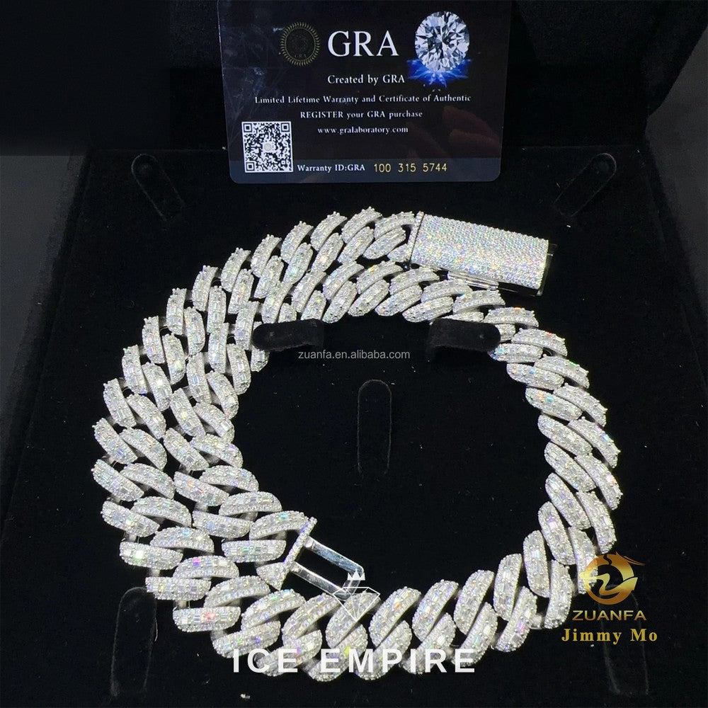 Iced Out Baguette 925 Silver Moissanite Cuban Chain