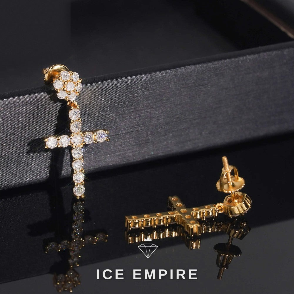 Iced Out Cross Gold Plated Moissanite Stud Earrings