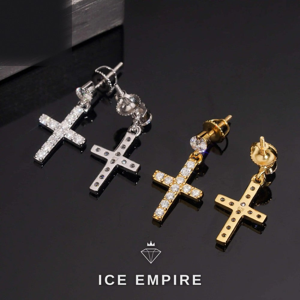 Iced Out Cross 18K Gold Moissanite Stud Earrings