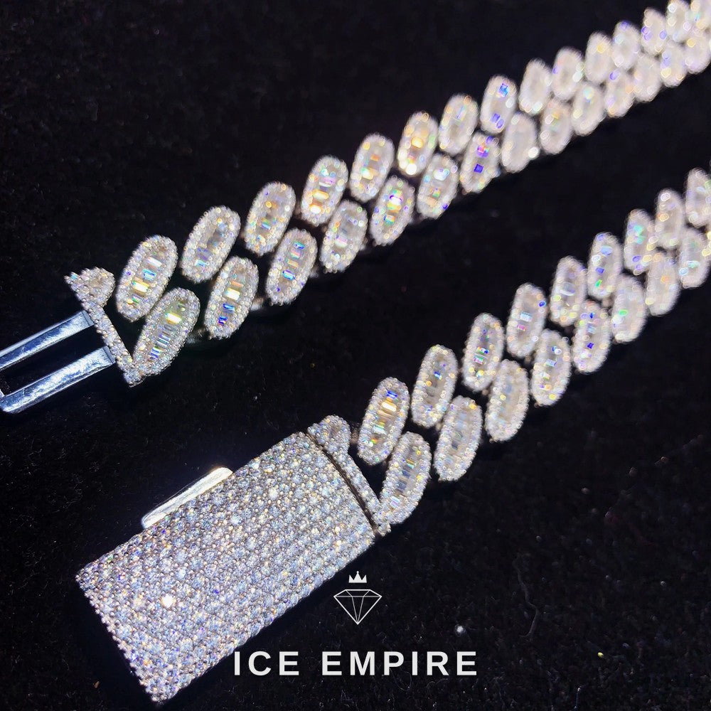 Iced Out Baguette 925 Silver Moissanite Cuban Chain