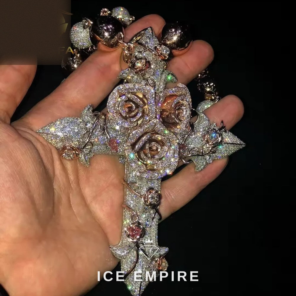 Iced Out Cross Rose Gold Plated Moissanite Pendant