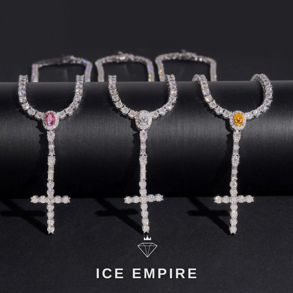 Iced Out Cross 925 Silver Moissanite Tennis Chain