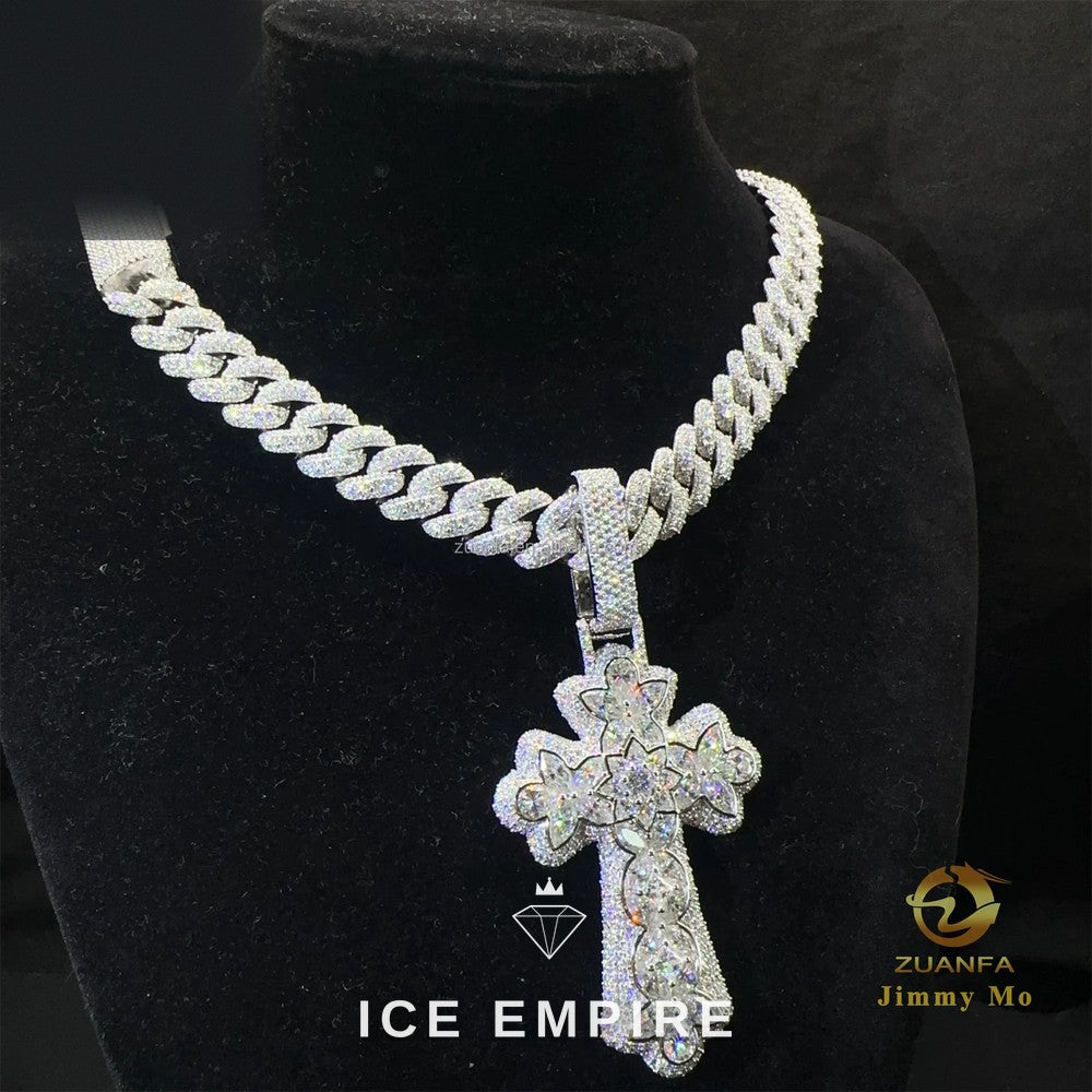 Iced Out Cross Gold Plated Moissanite Cuban Chain