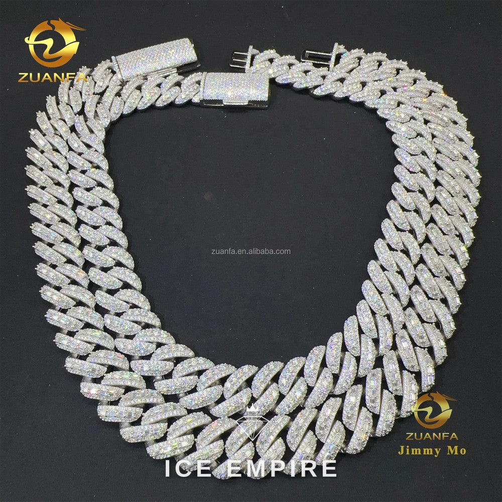 Iced Out Baguette 925 Silver Moissanite Cuban Chain