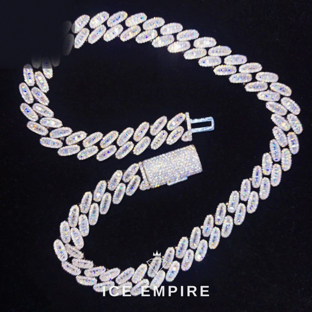 Iced Out Baguette 925 Silver Moissanite Cuban Chain
