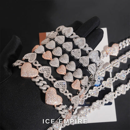 Iced Out Heart 925 Silver Moissanite Cuban Chain