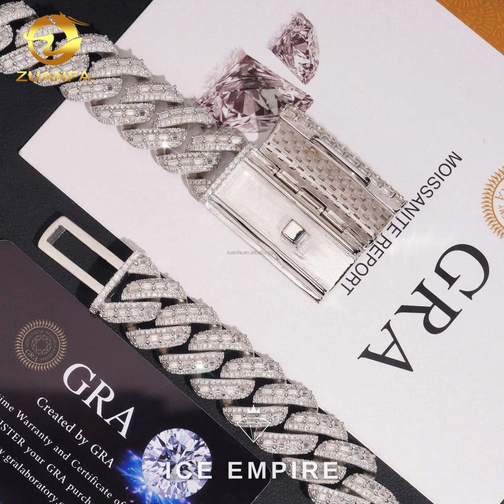 Iced Out Baguette 925 Silver Moissanite Cuban Chain
