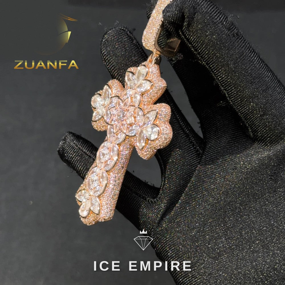 Iced Out Cross Rose Gold Plated Moissanite Cuban Chain