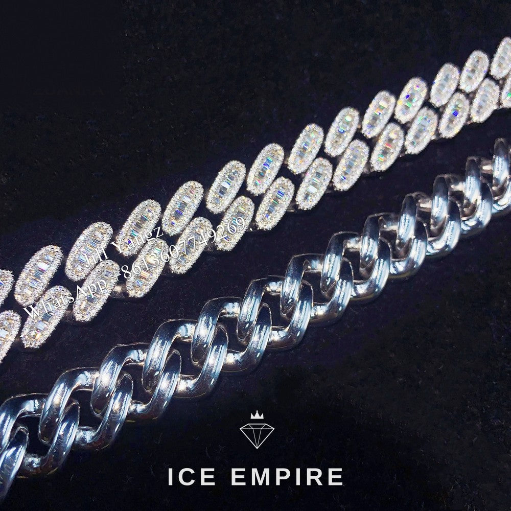 Iced Out Baguette 925 Silver Moissanite Cuban Chain