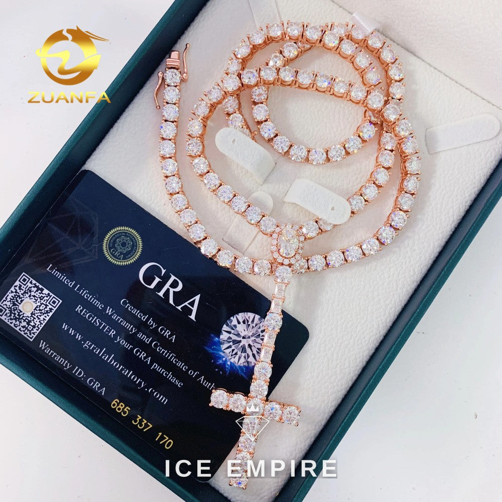 Iced Out Cross Rose Gold Plated Moissanite Cuban Chain