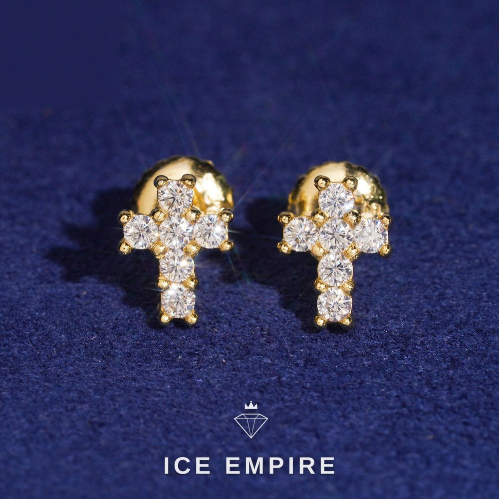 Iced Out Cross Gold Plated Moissanite Earrings