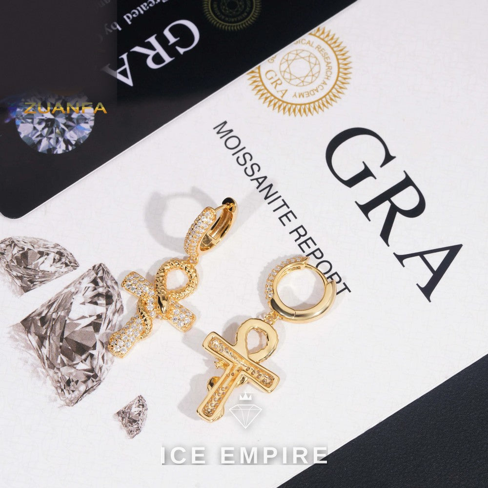 Iced Out Cross Gold Plated Moissanite Hoop Earrings