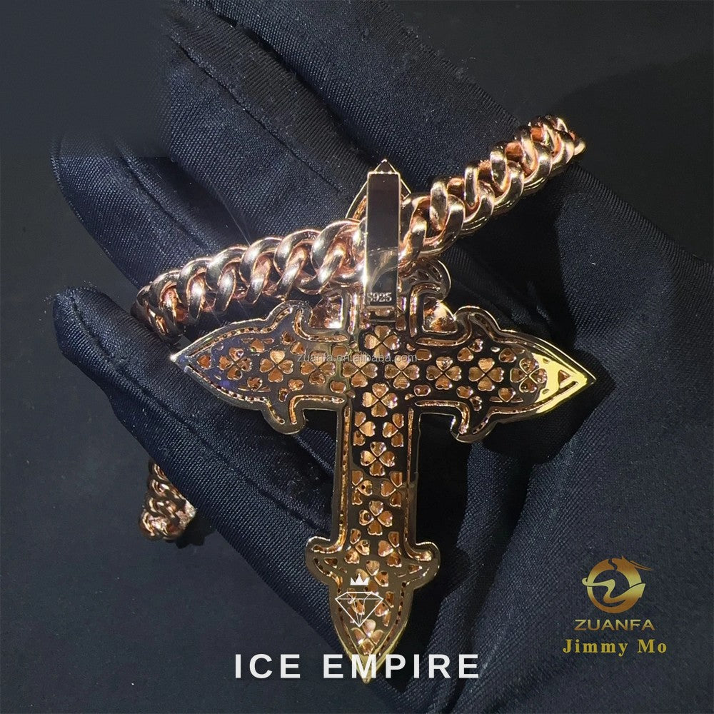 Iced Out Cross Rose Gold Moissanite Cuban Chain